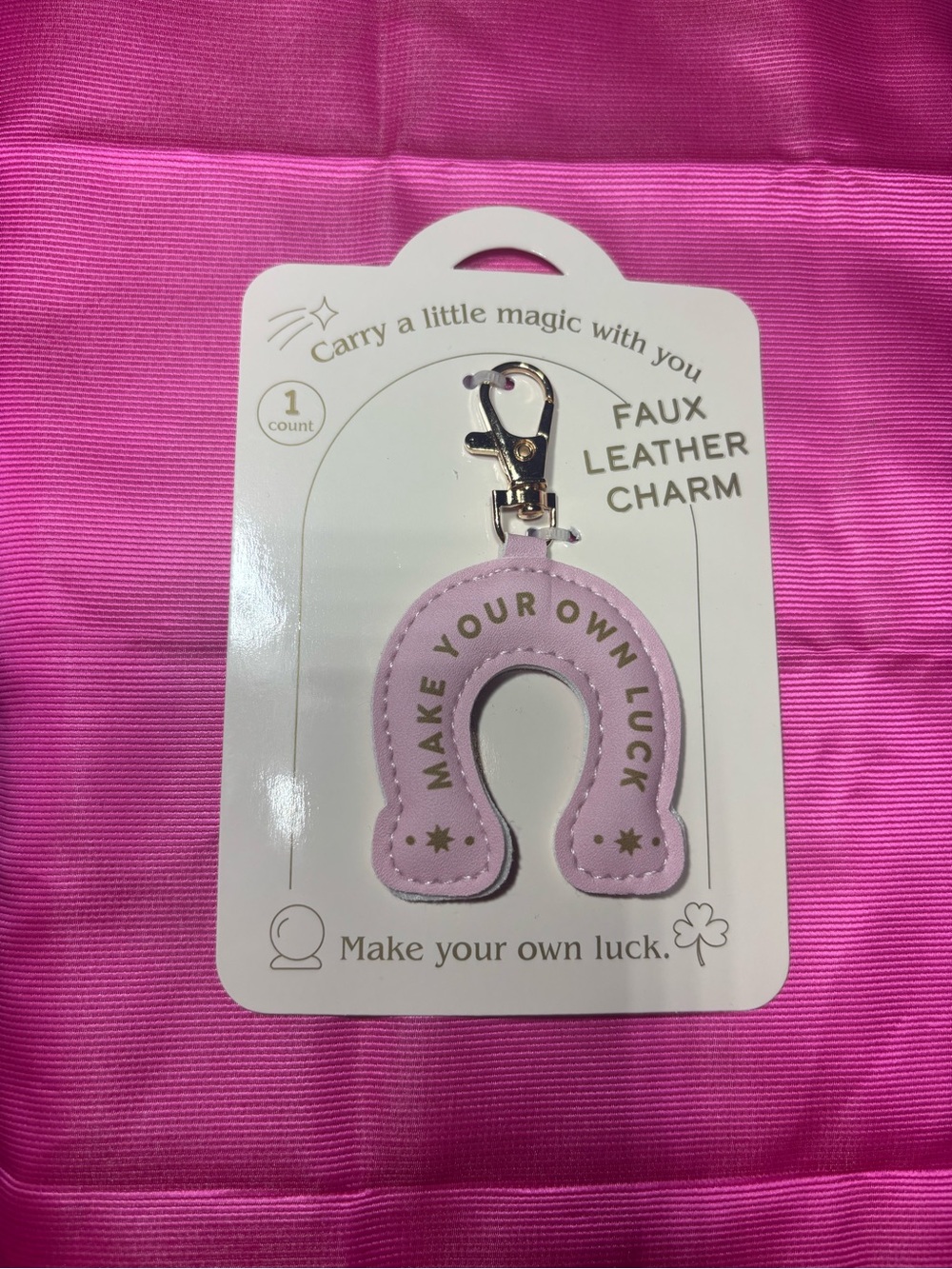 New Bag Charm Make Your Own Luck Pink Horseshoe Faux Leather Charm